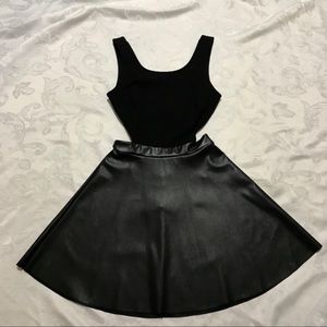 NWOT SEXY BLACK CUT OUT LEATHER SKATER DRESS SIZE